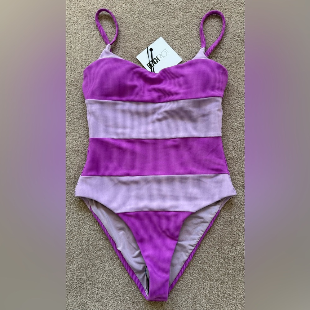 NEW - Beach Riot - Calista Striped One Piece - LAVENDER VIOLET COLORBLOCK